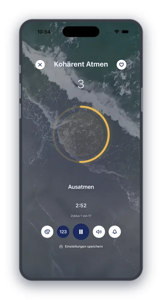 Screenshot der 8Breath-Übung Kohärent Atmen: ein gelber Atemring über einem Meeresbild, darunter die Anzeige Ausatmen, die Restzeit 2:52, Zyklus 1 von 17 und Schaltflächen für Darstellung, Zähler, Klang und Vibration