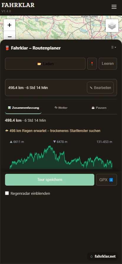 Fahrklar-Routenplaner auf dem Smartphone: Zusammenfassung einer Route über 498,4 Kilometer und 6 Stunden 14 Minuten mit Regenhinweis, Höhenprofil und Schaltflächen zum Speichern der Tour und für den GPX-Export